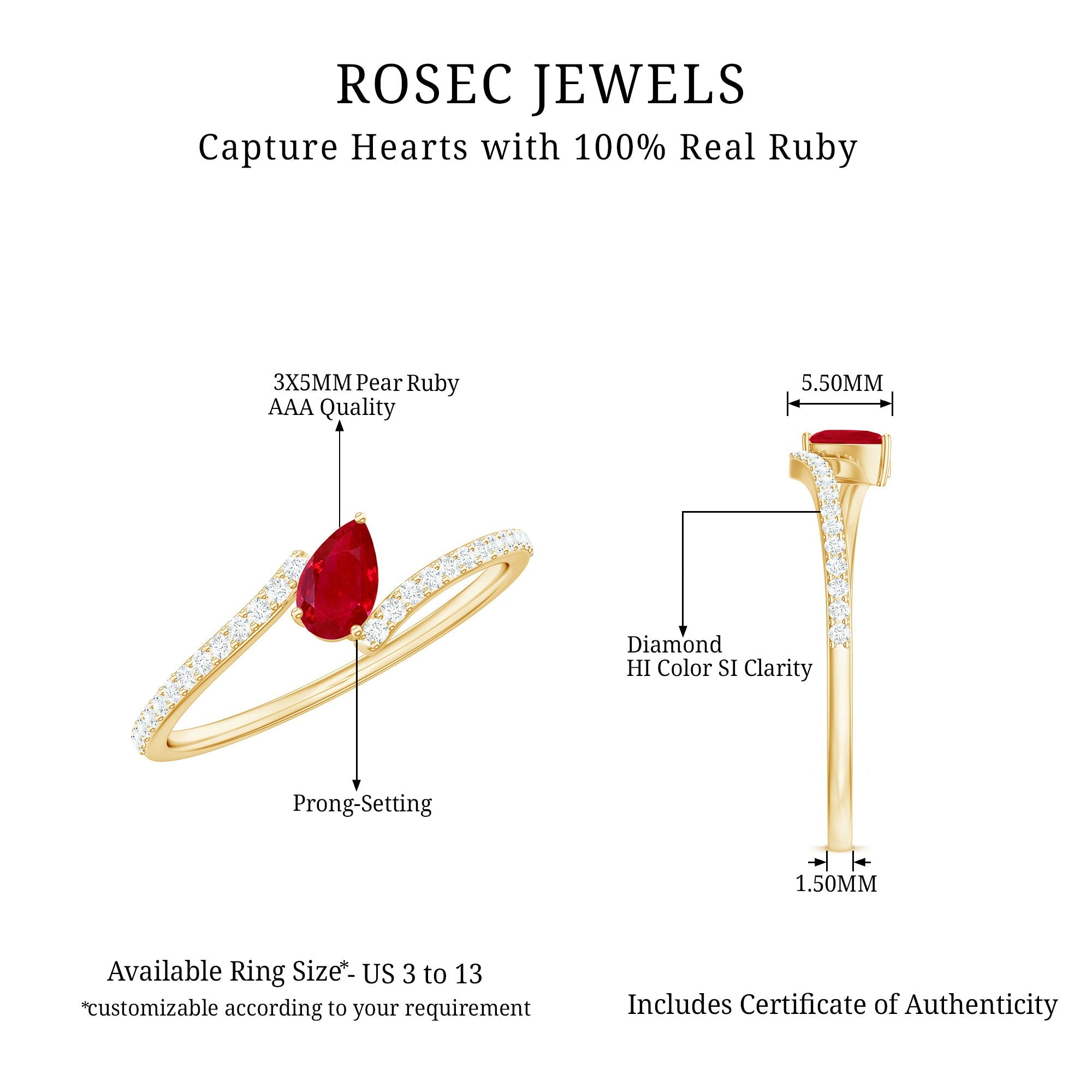 Tilted Pear Shape Ruby and Diamond Bypass Promise Ring