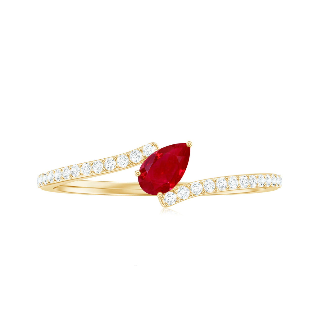 Tilted Pear Shape Ruby and Diamond Bypass Promise Ring