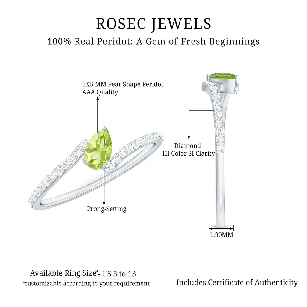 Natural Pear Shape Peridot Promise Ring with Bypass Diamond