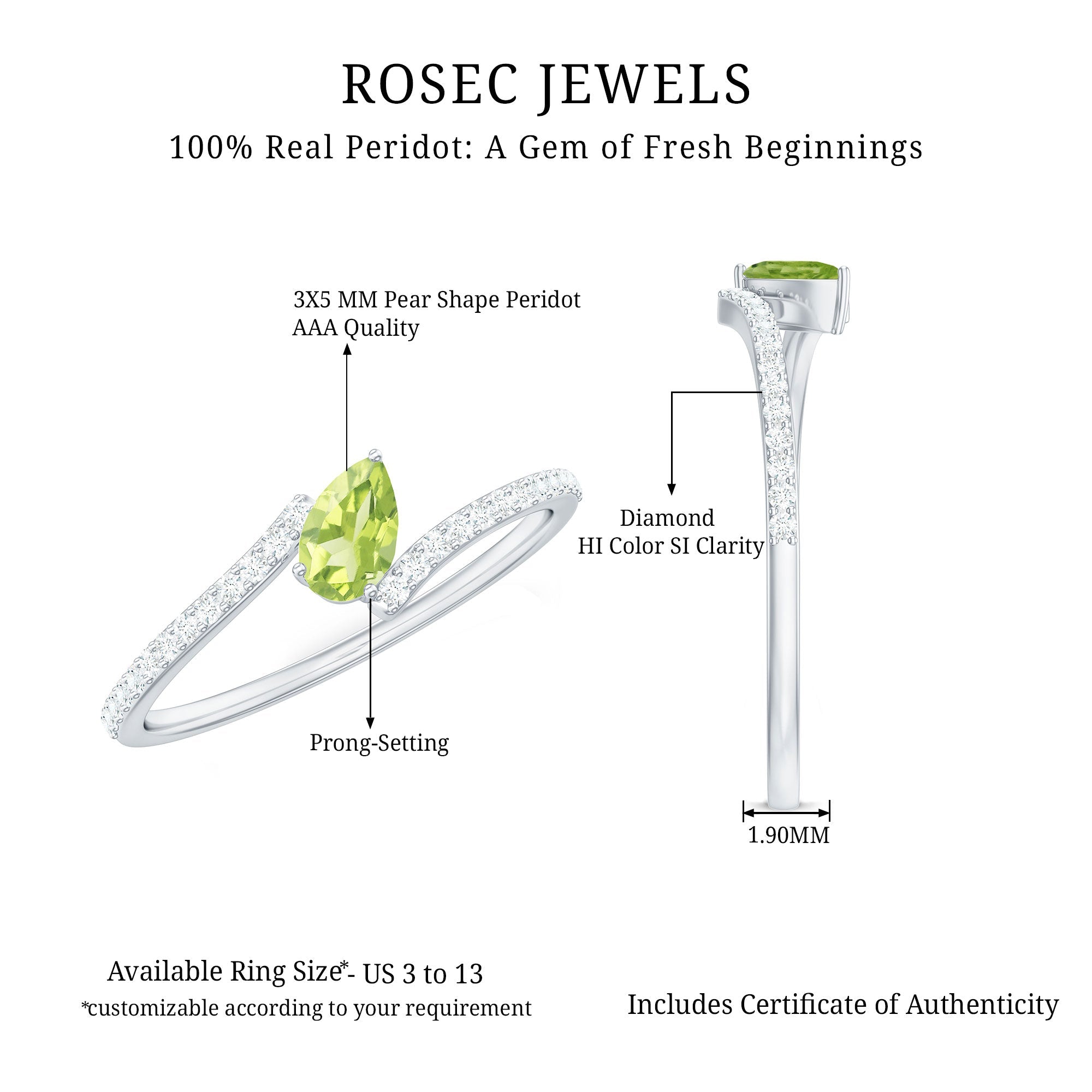Natural Pear Shape Peridot Promise Ring with Bypass Diamond