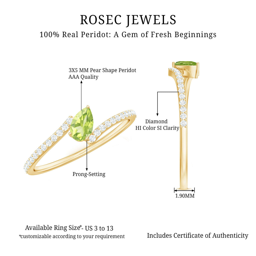 Natural Pear Shape Peridot Promise Ring with Bypass Diamond