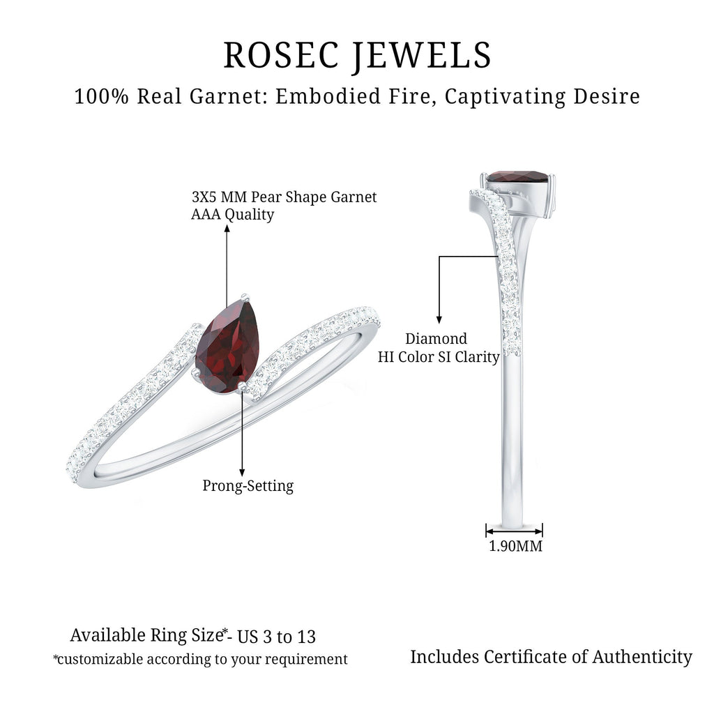 Real Pear Shape Garnet Promise Ring with Diamond Bypass Shank
