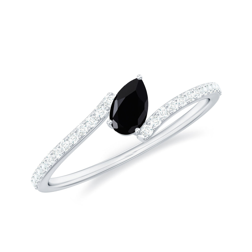 3X5mm Pear Cut Black Onyx Solitaire Promise Ring with Diamond Bypass Shank