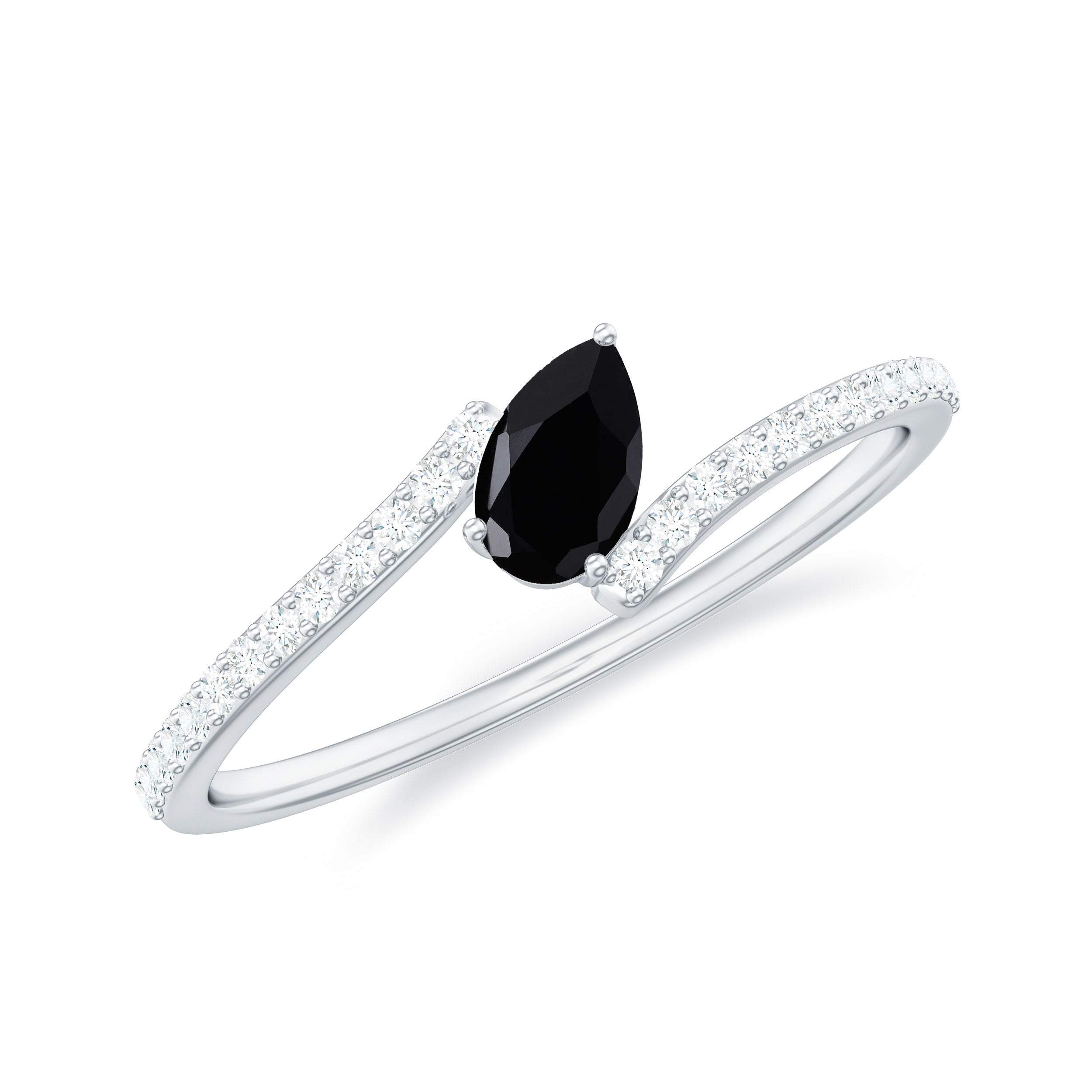 3X5mm Pear Cut Black Onyx Solitaire Promise Ring with Diamond Bypass Shank