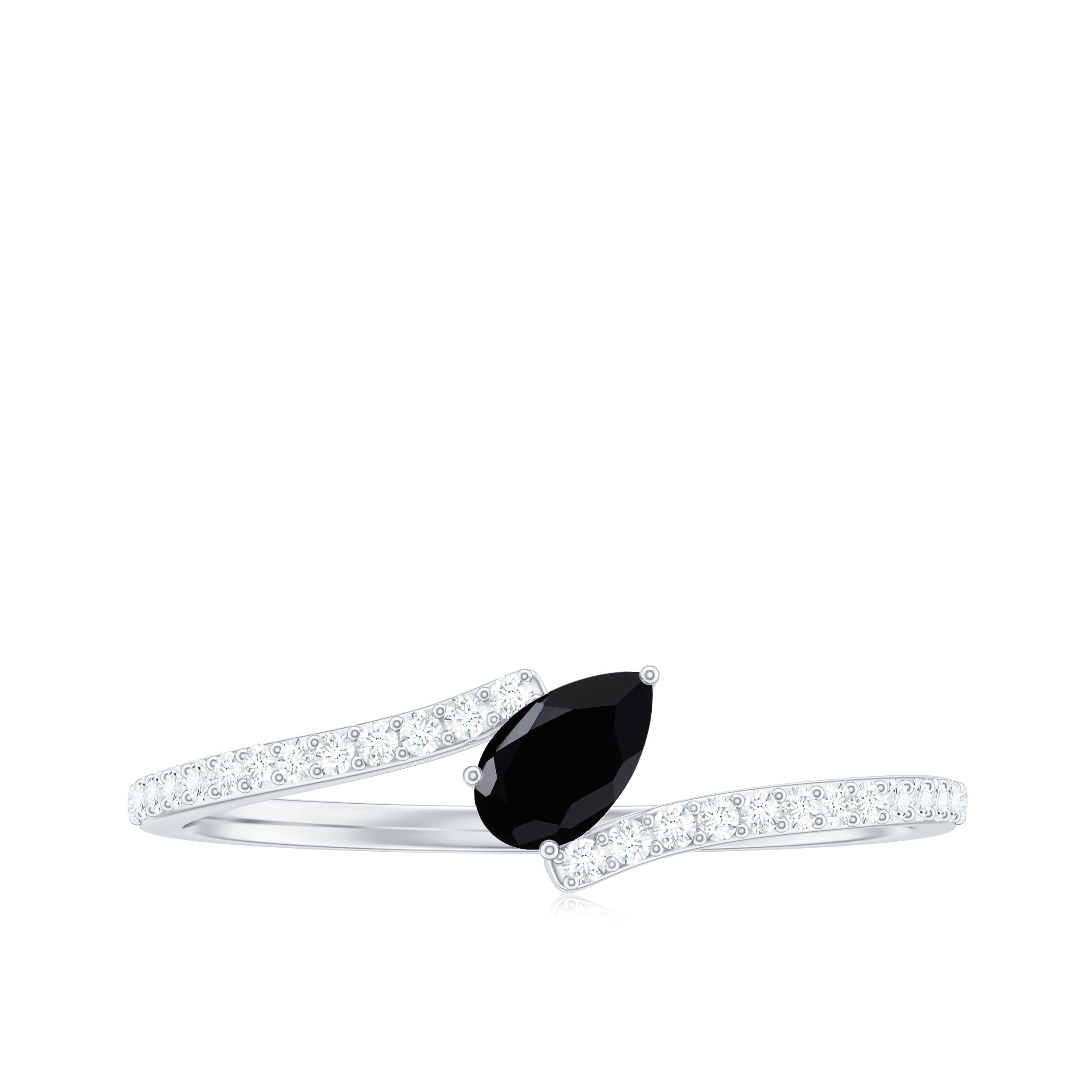 3X5mm Pear Cut Black Onyx Solitaire Promise Ring with Diamond Bypass Shank