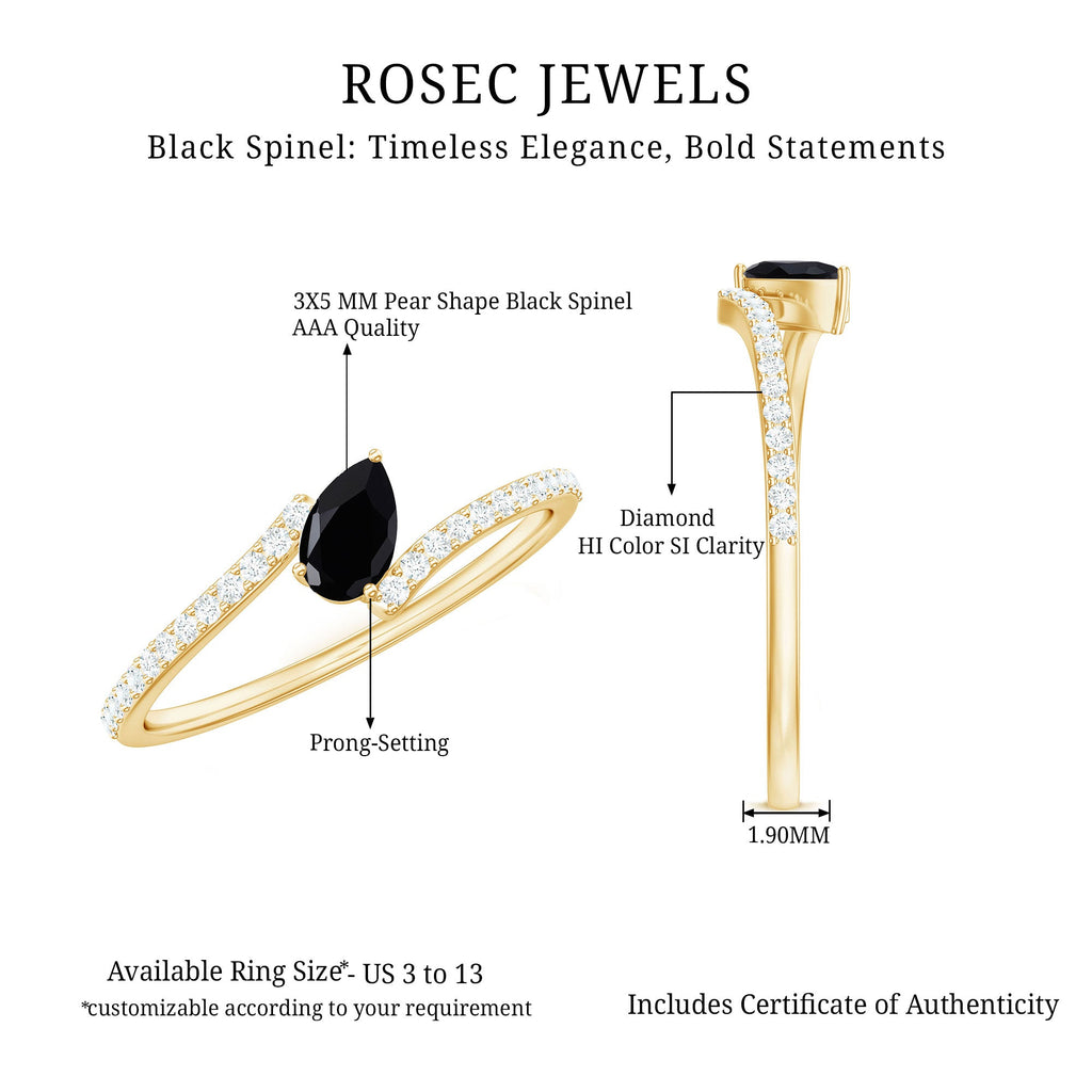 Real Black Spinel Promise Ring with Diamond Bypass Shank