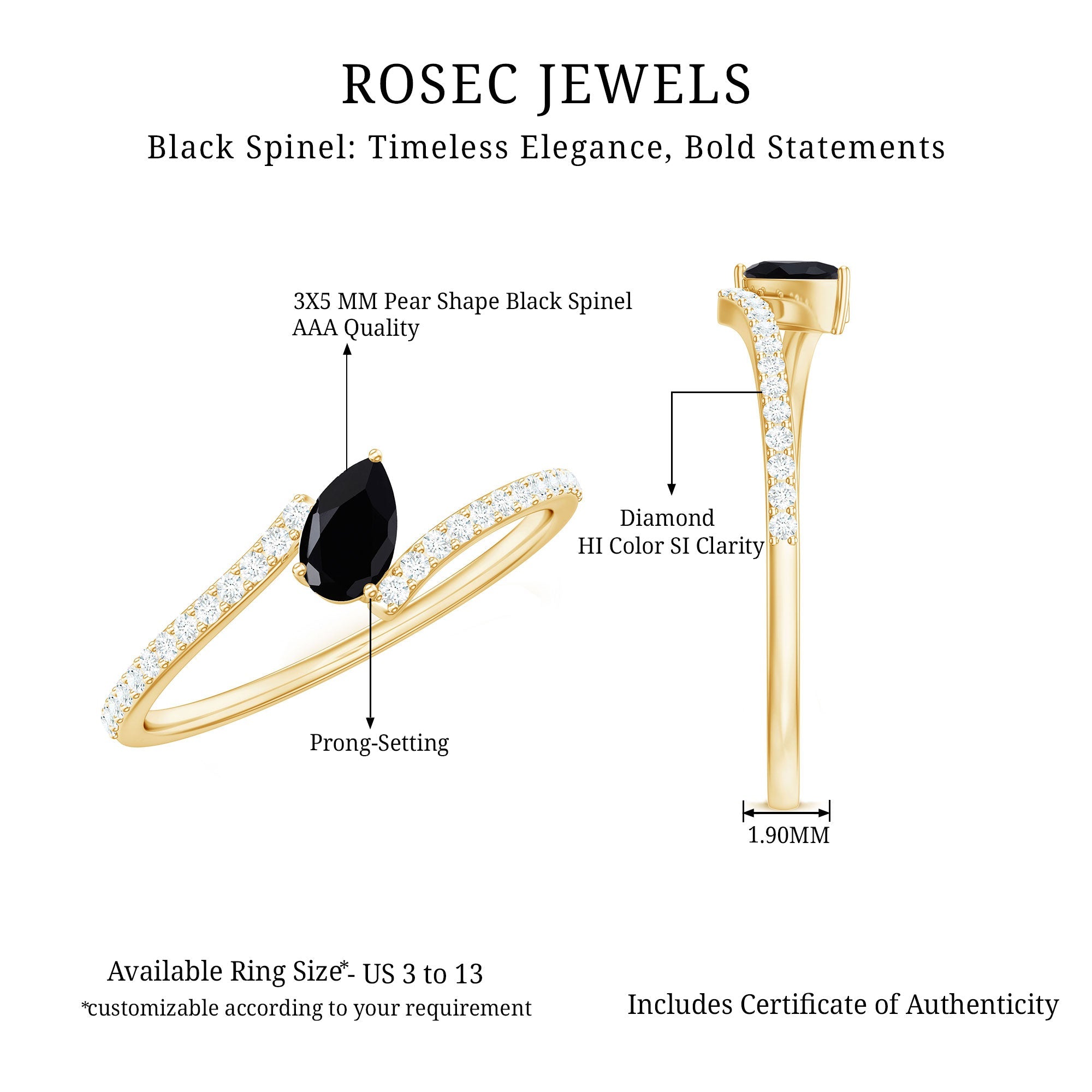 Real Black Spinel Promise Ring with Diamond Bypass Shank