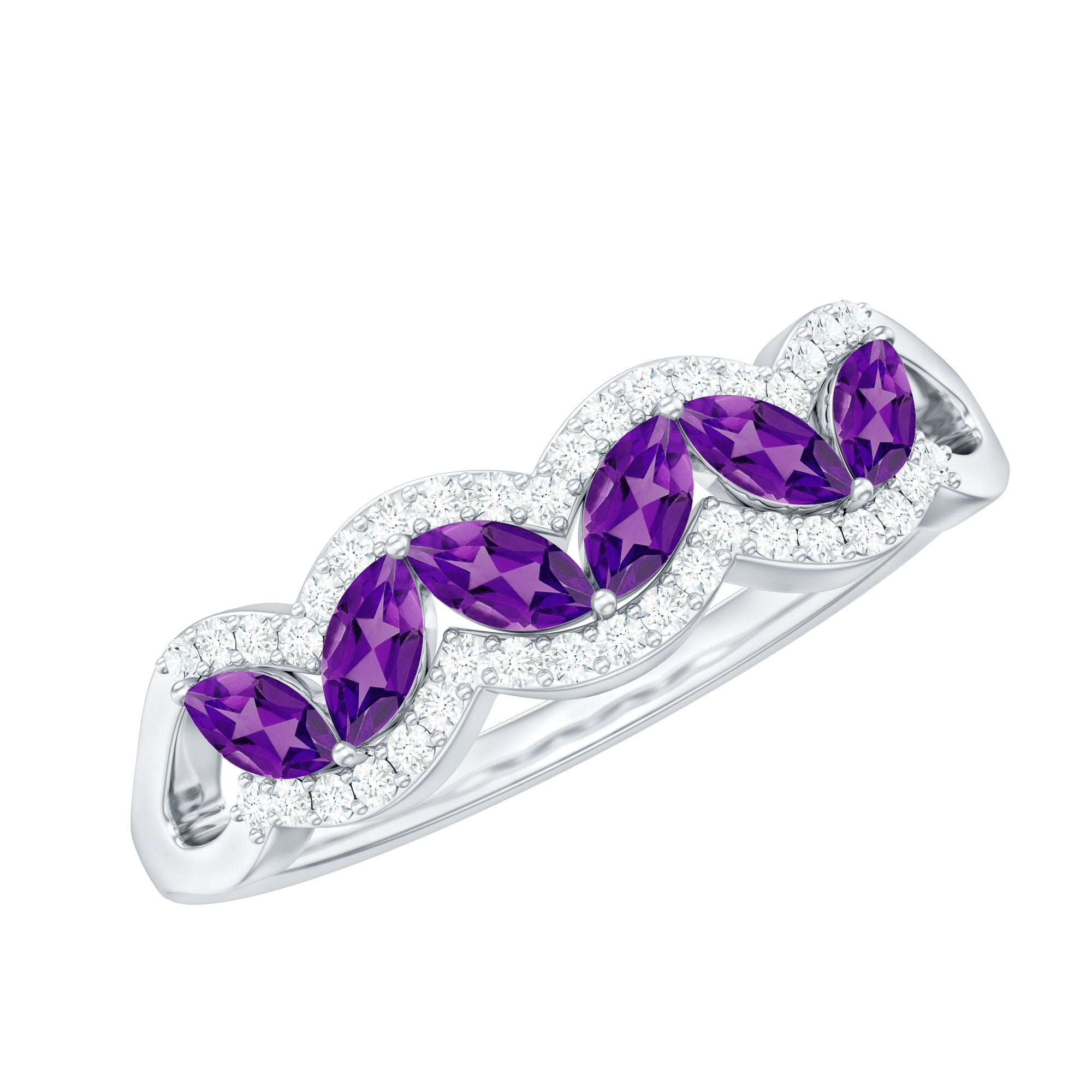 Real Marquise Amethyst Half Eternity Band Ring with Diamond