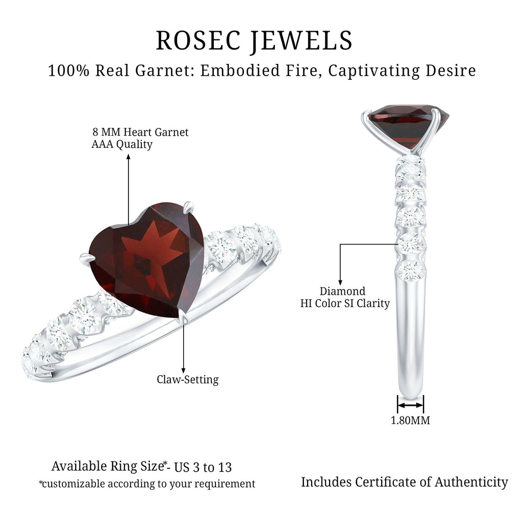 Natural 8mm Garnet Heart Engagement Ring with Diamond Side Stones