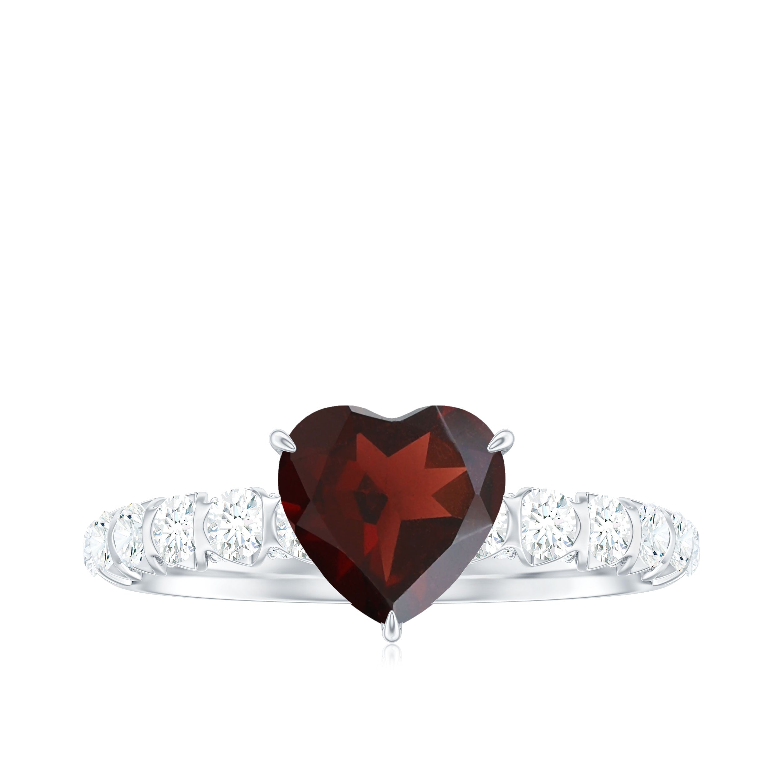 Natural 8mm Garnet Heart Engagement Ring with Diamond Side Stones
