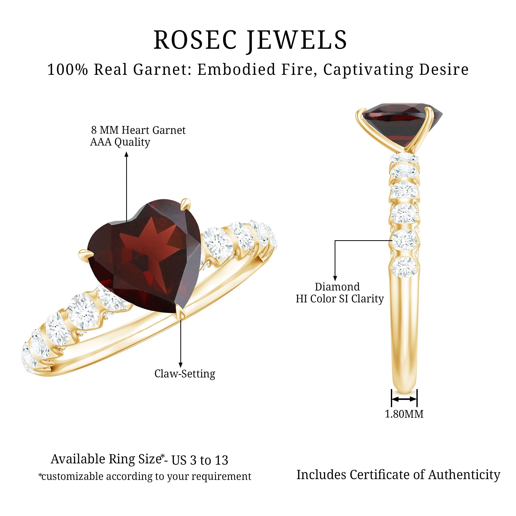 Natural 8mm Garnet Heart Engagement Ring with Diamond Side Stones