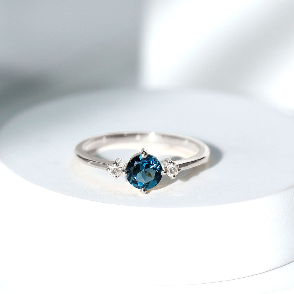 5mm Round London Blue Topaz Minimal Promise Ring with Diamond