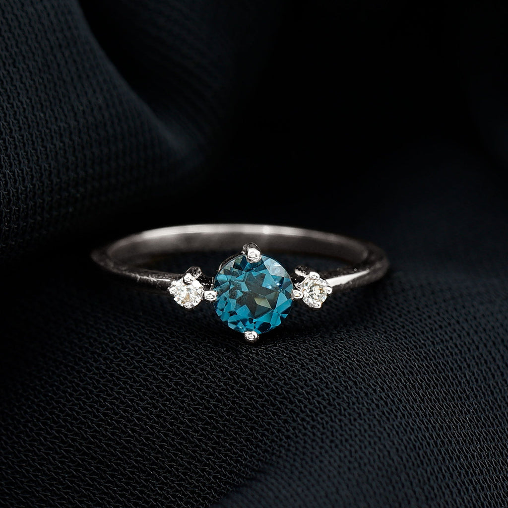 5mm Round London Blue Topaz Minimal Promise Ring with Diamond