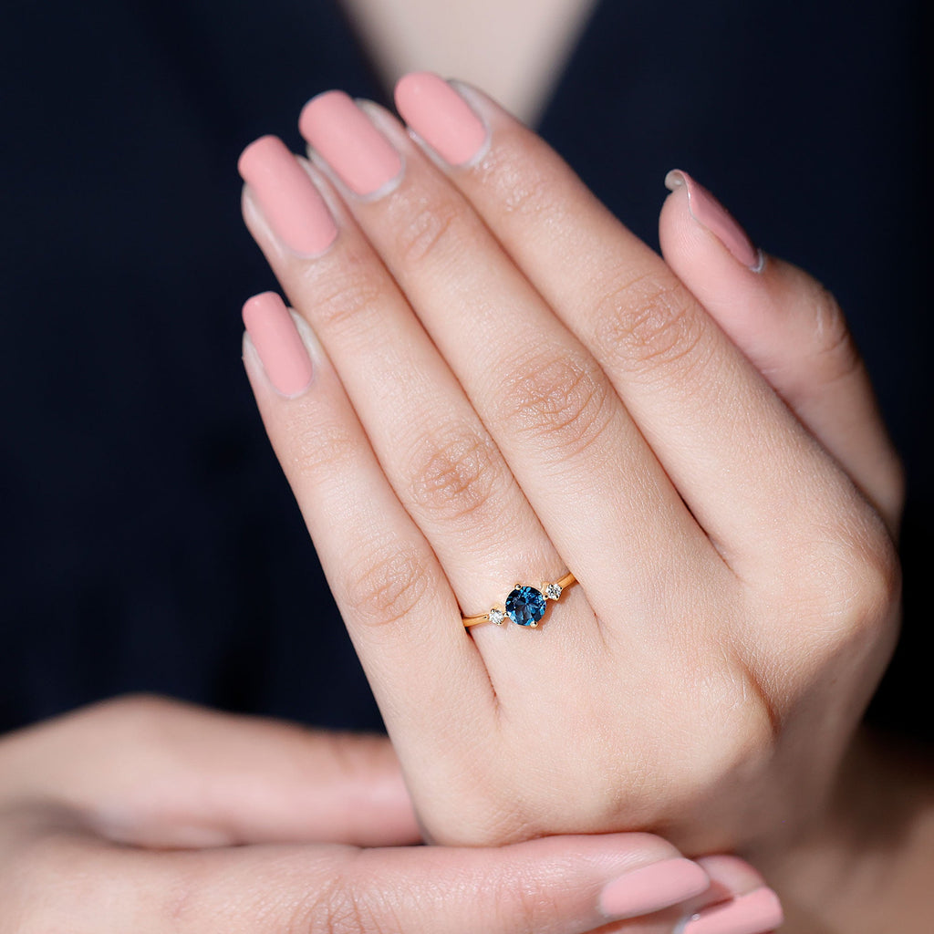 5mm Round London Blue Topaz Minimal Promise Ring with Diamond