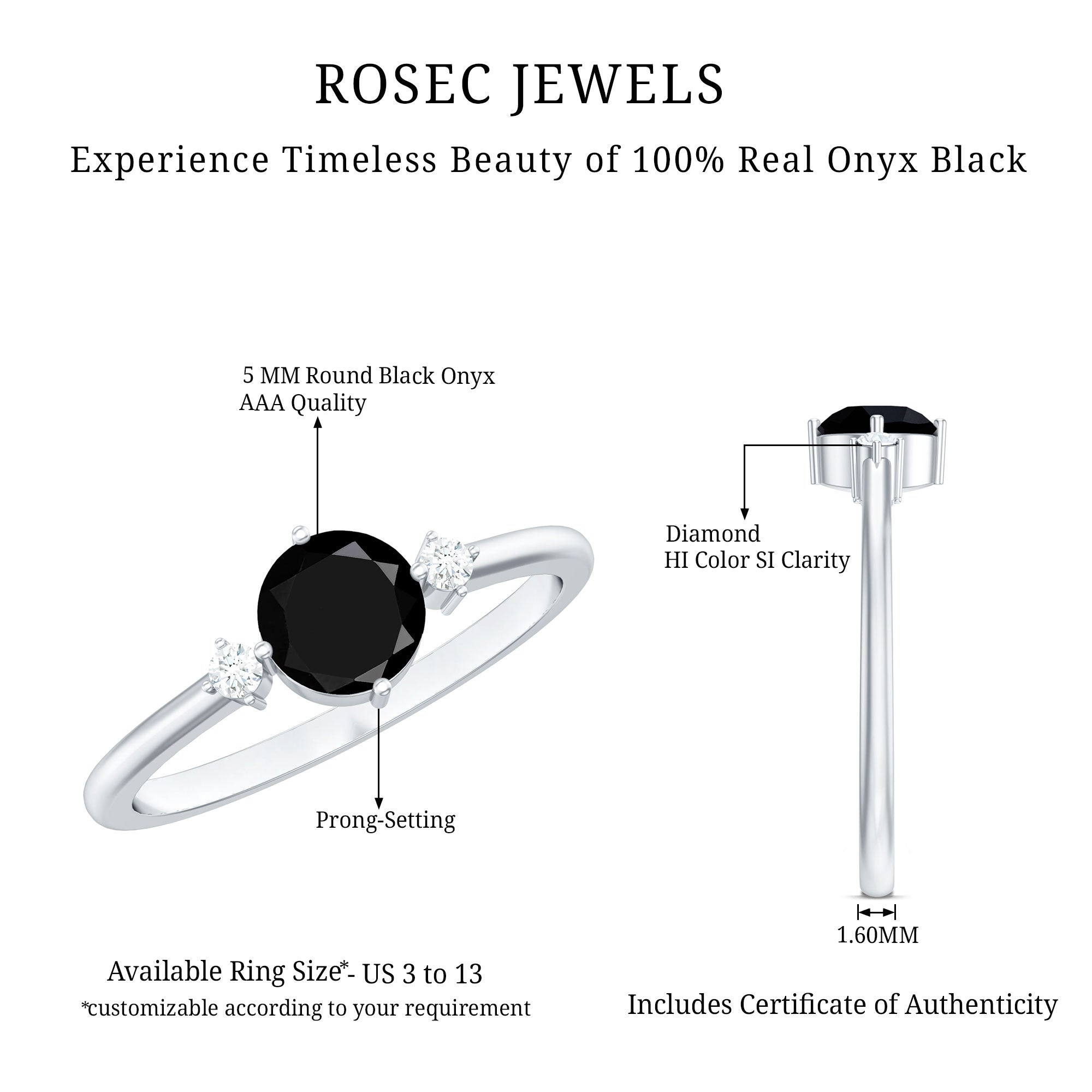 5mm Round Black Onyx Minimal Promise Ring with Diamond