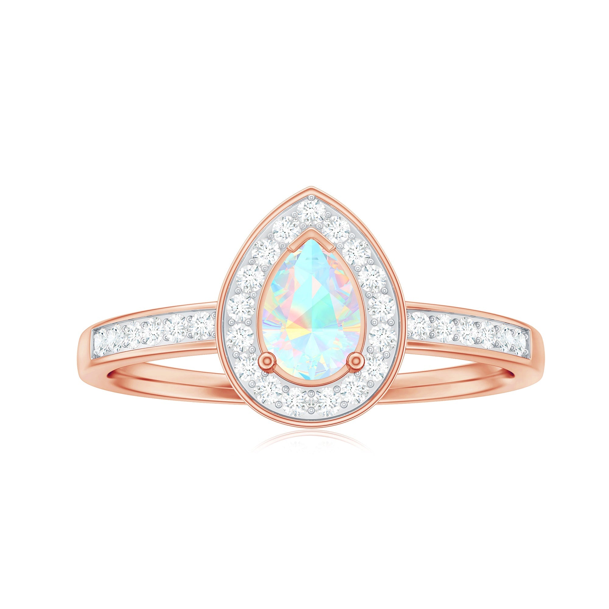 Natural 5X7mm Opalescent Teardrop Engagement Ring with Diamond Halo