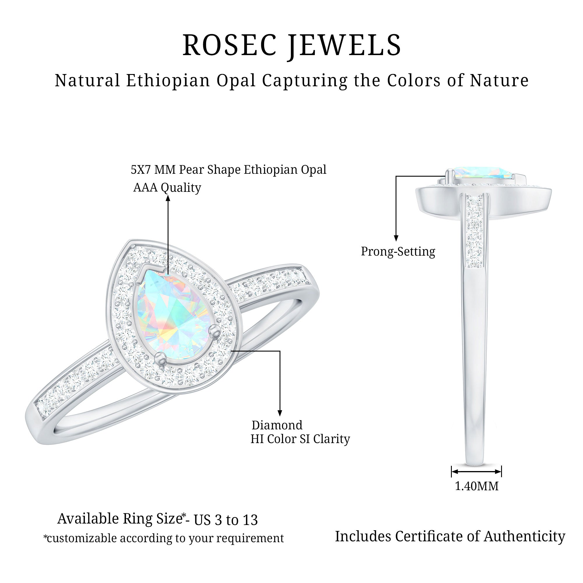 Natural 5X7mm Opalescent Teardrop Engagement Ring with Diamond Halo
