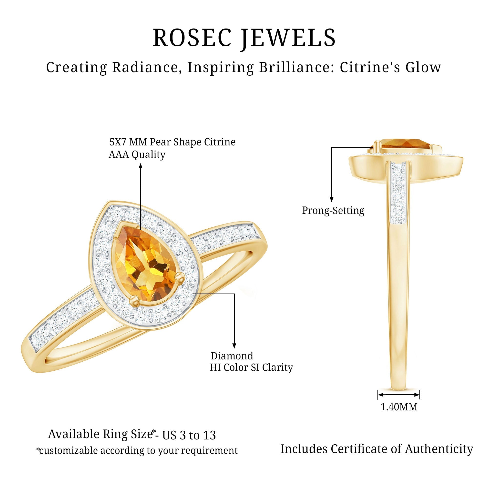 Natural 5X7mm Pear Shape Citrine Engagement Ring with Diamond Halo