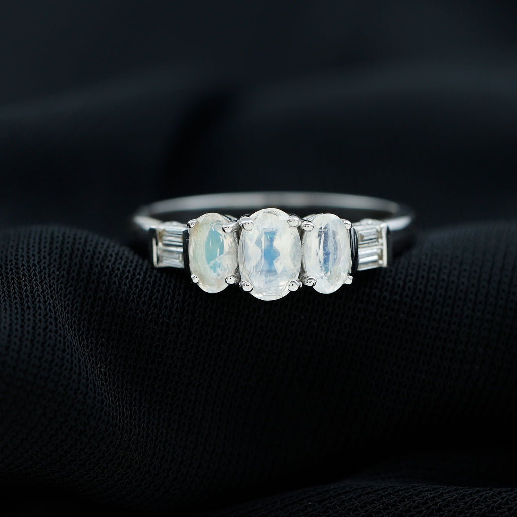 Genuine Oval Moonstone Three Stone Anniversary Ring