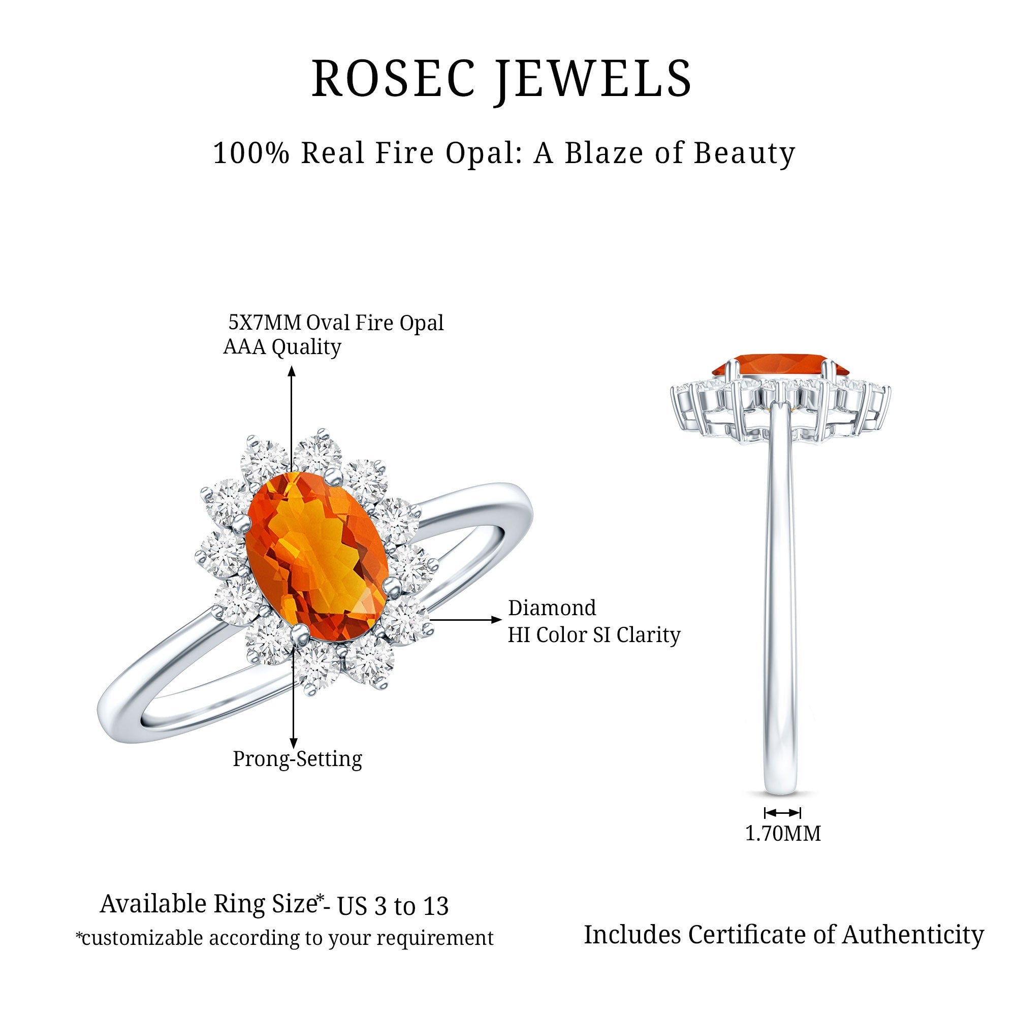 1 CT Princess Diana Inspired Fire Opal and Diamond Engagement Ring
