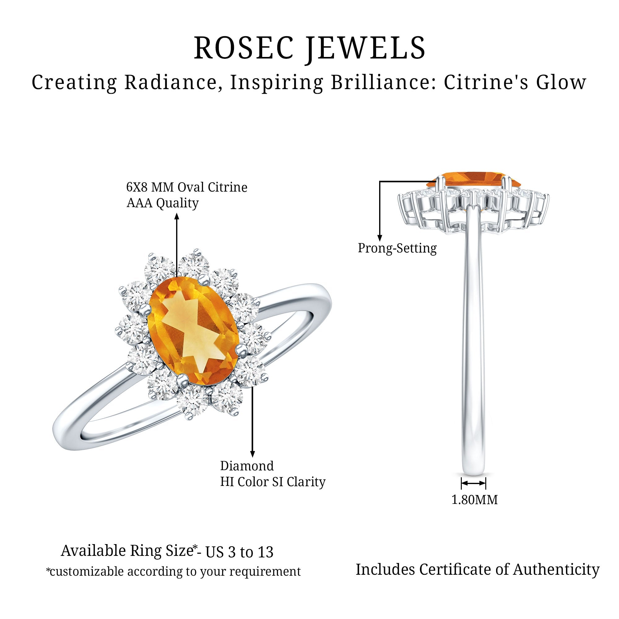 Real 6X8mm Citrine Oval Engagement Ring with Diamond Halo