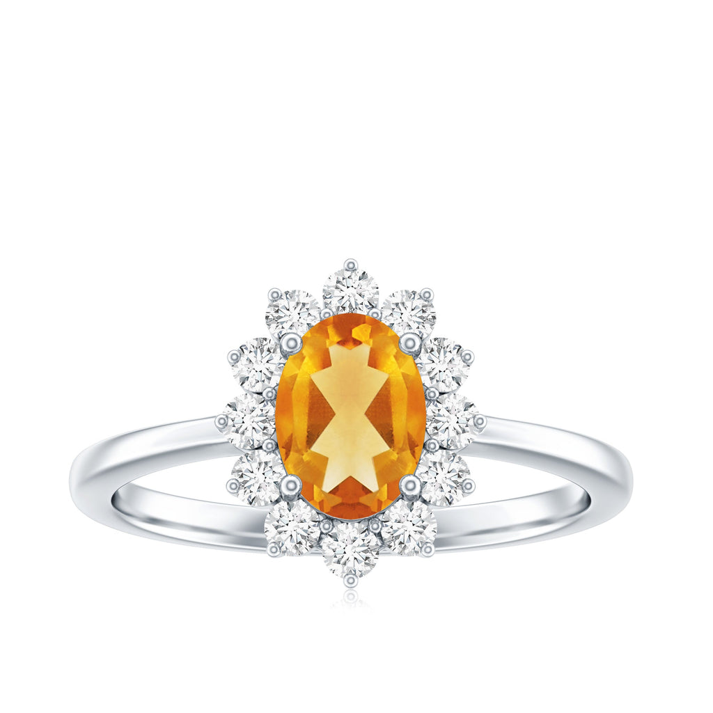Real 6X8mm Citrine Oval Engagement Ring with Diamond Halo