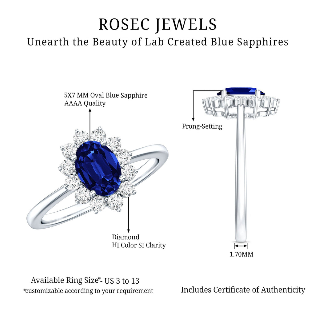 Certified 1 Carat Lab Grown Blue Sapphire Oval Engagement Ring with Diamond Halo