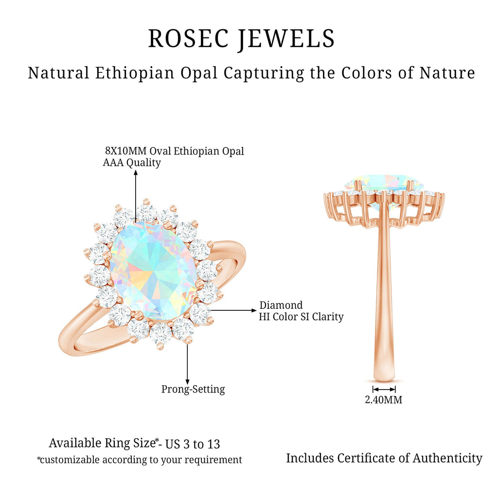 Natural 8X10mm Ethiopian Rainbow Opal Oval Engagement Ring with Diamond Halo