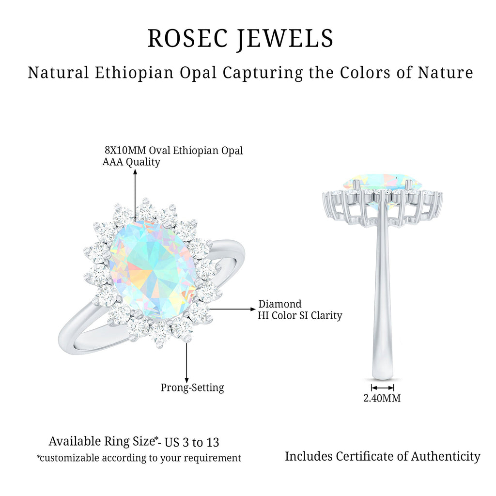 Natural 8X10mm Ethiopian Rainbow Opal Oval Engagement Ring with Diamond Halo