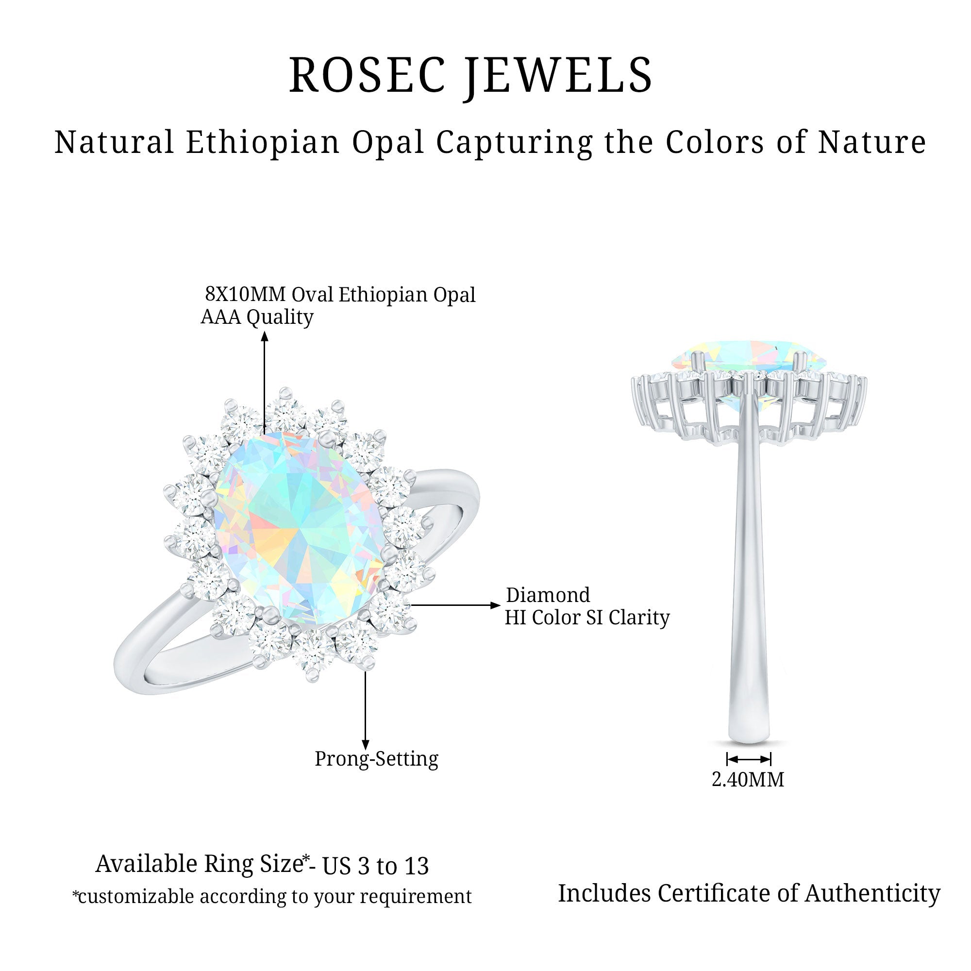 Natural 8X10mm Ethiopian Rainbow Opal Oval Engagement Ring with Diamond Halo