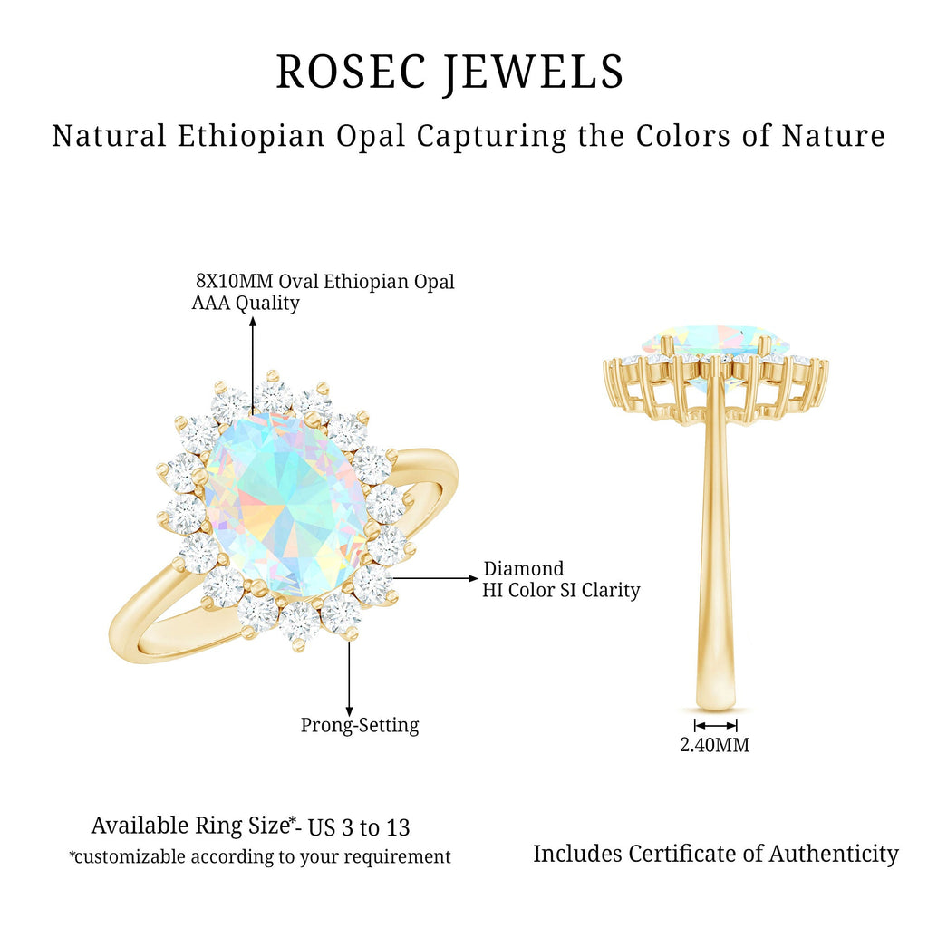 Natural 8X10mm Ethiopian Rainbow Opal Oval Engagement Ring with Diamond Halo