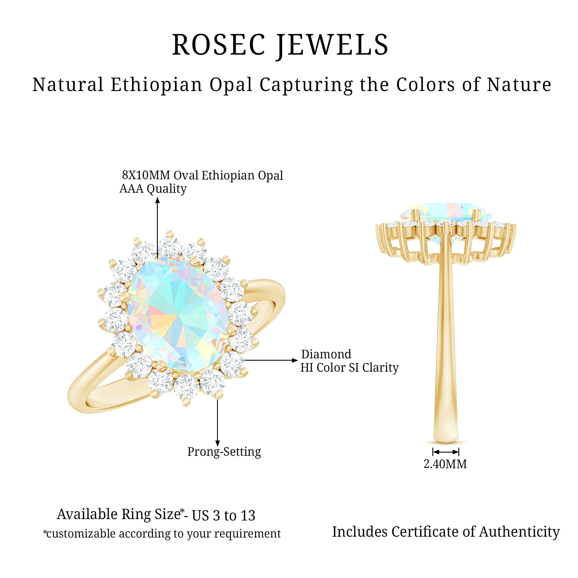 Natural 8X10mm Ethiopian Rainbow Opal Oval Engagement Ring with Diamond Halo