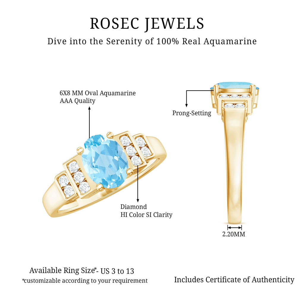 Real 6X8mm Aquamarine Statement Engagement Ring with Diamond