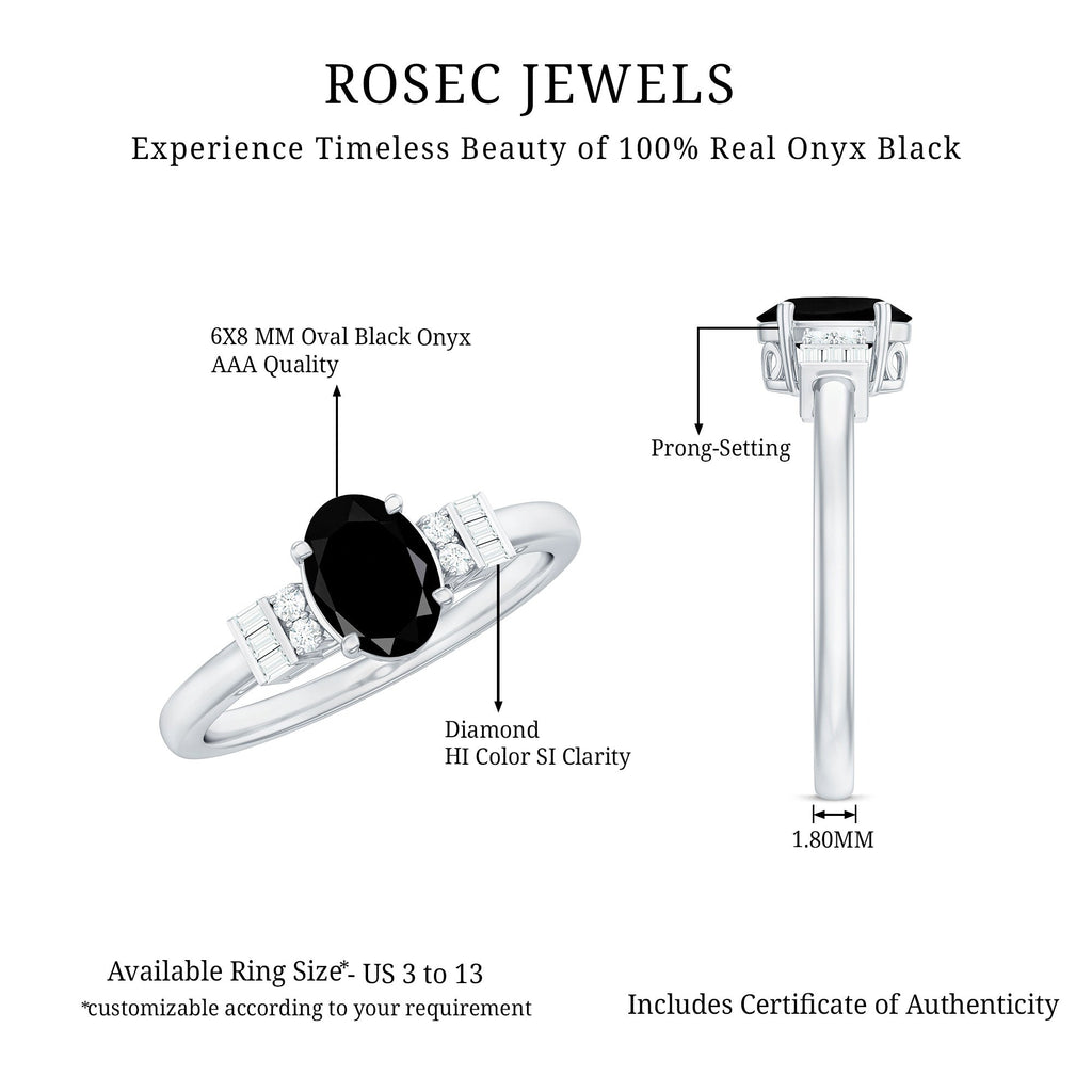 6X8mm Oval Cut Black Onyx Solitaire Engagement Ring with Diamond