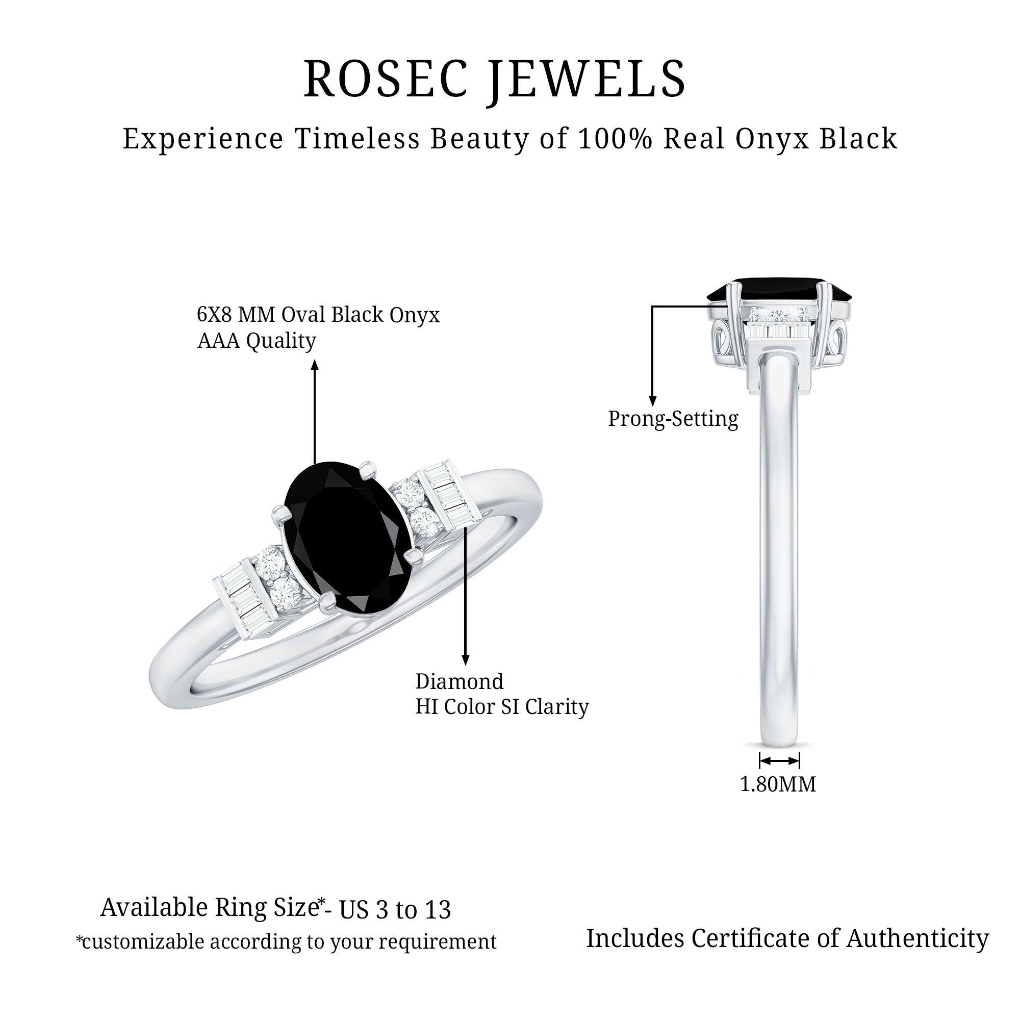 6X8mm Oval Cut Black Onyx Solitaire Engagement Ring with Diamond