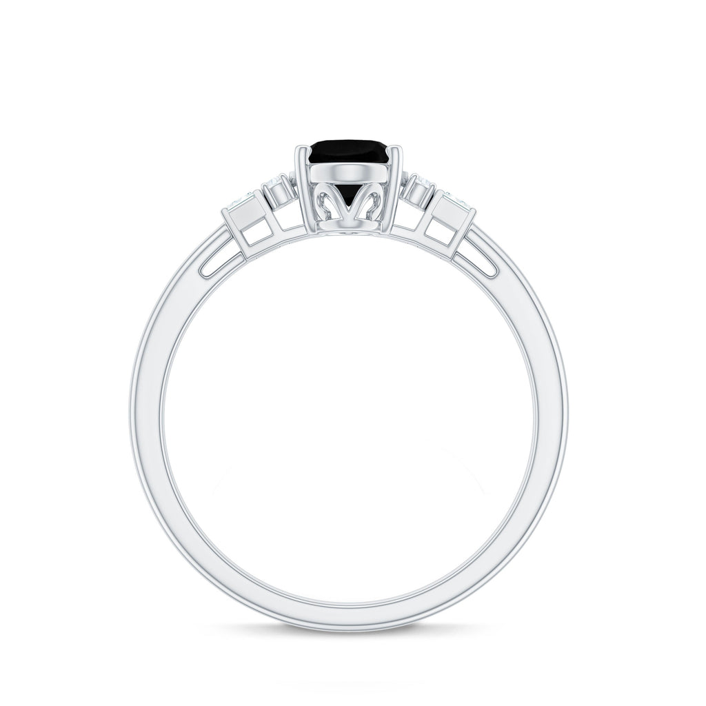 6X8mm Oval Cut Black Onyx Solitaire Engagement Ring with Diamond