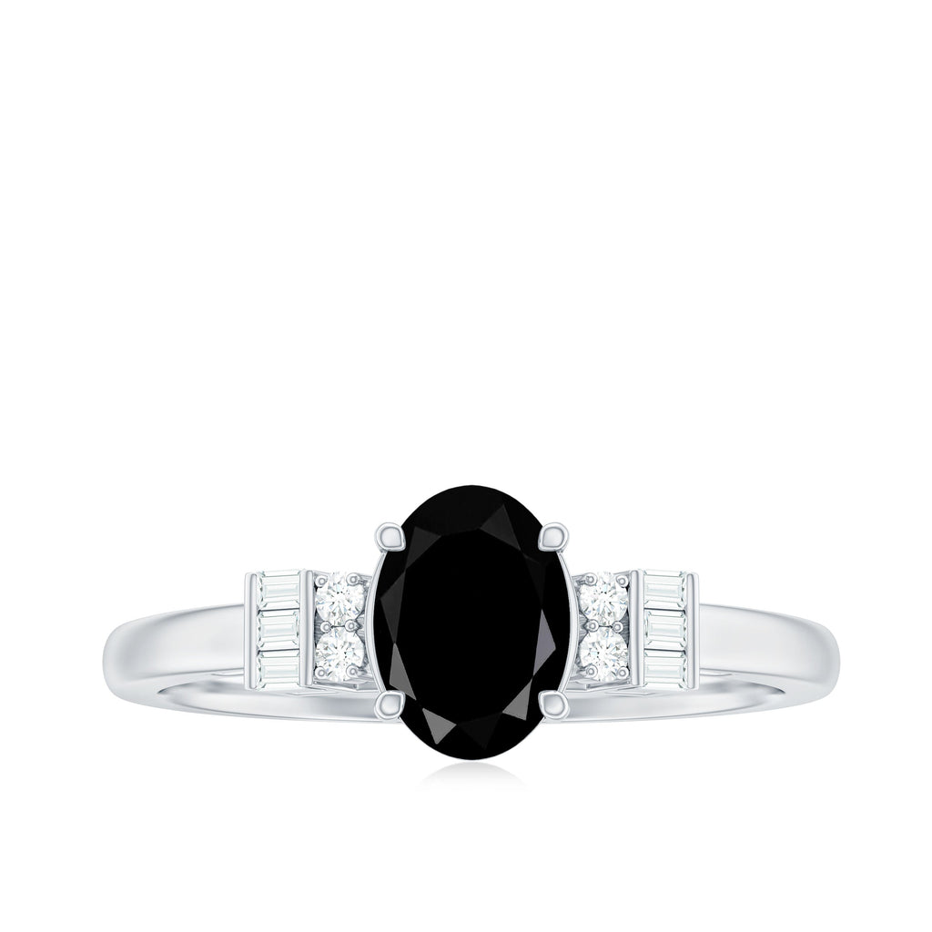 6X8mm Oval Cut Black Onyx Solitaire Engagement Ring with Diamond