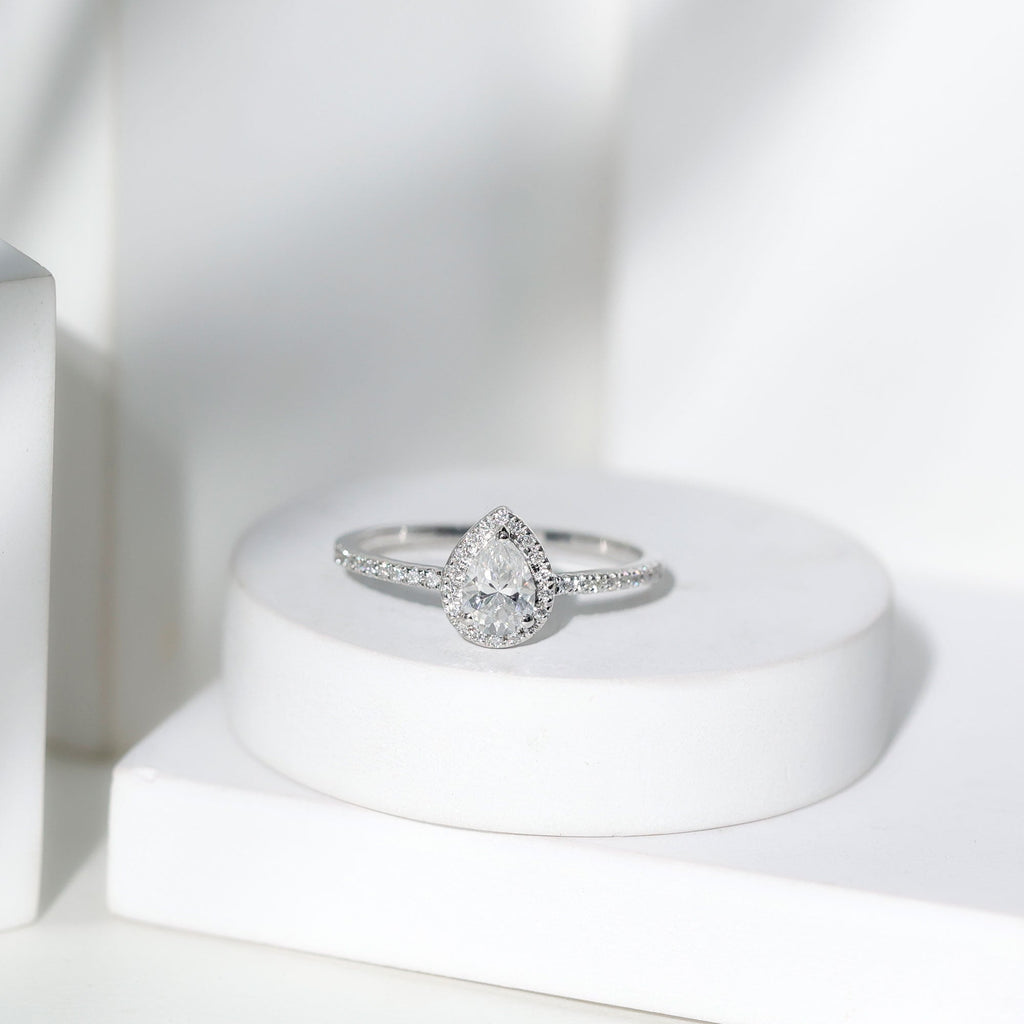 Certified 0.7 Carat Pear Shaped Moissanite Halo Engagement Ring