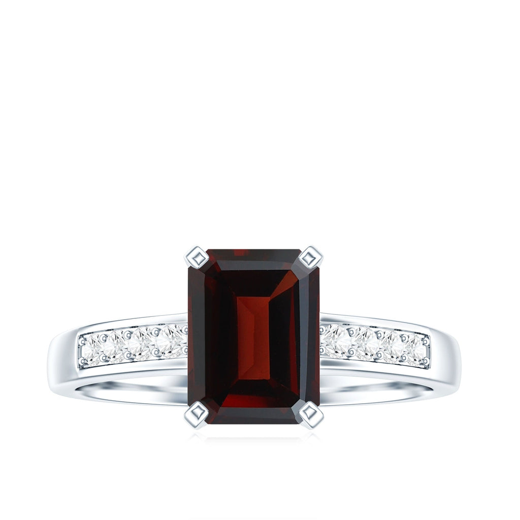 Certified Natural 6X8mm Garnet Emerald Cut Engagement Ring with Diamond