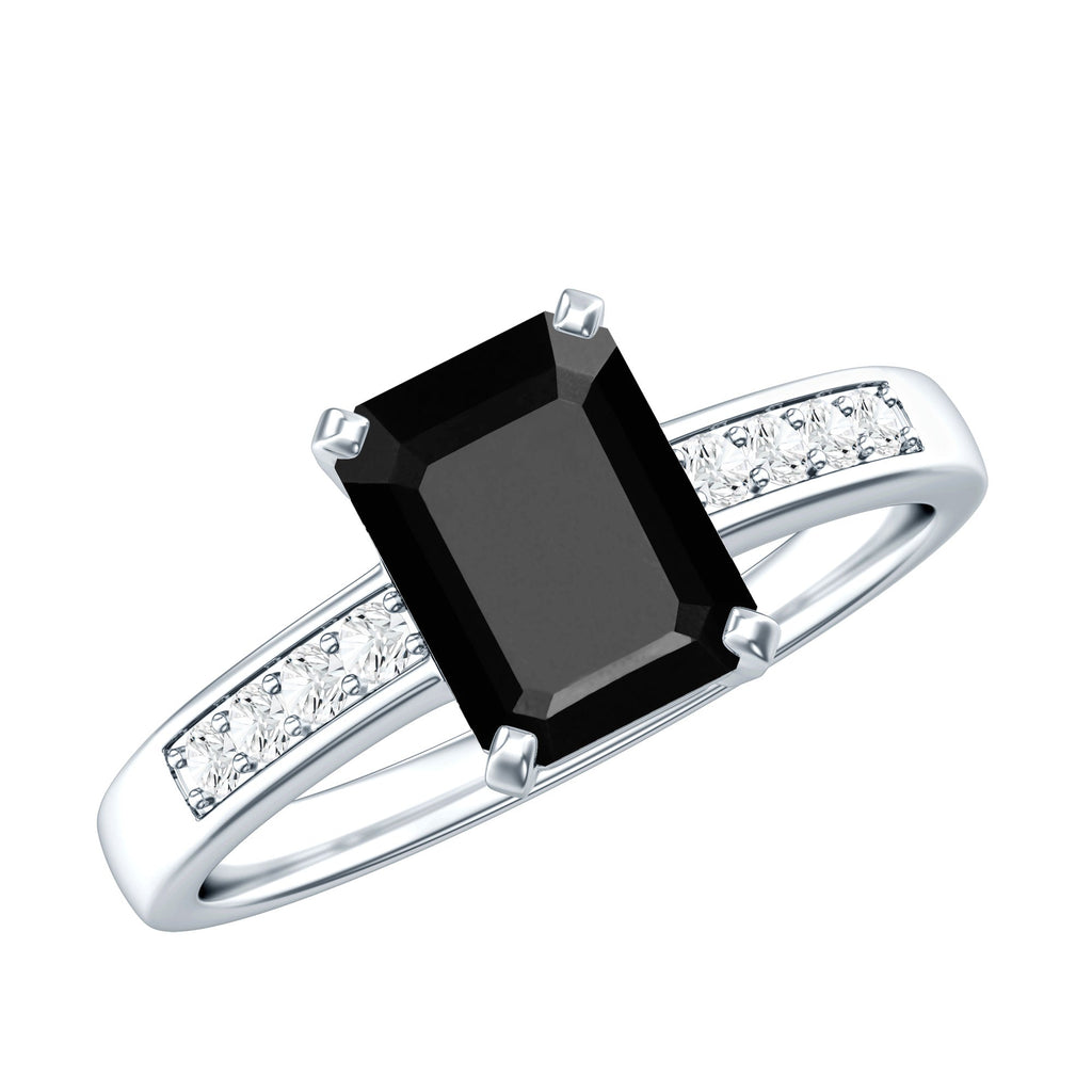 6X8mm Emerald Cut Black Onyx Engagement Ring with Diamond