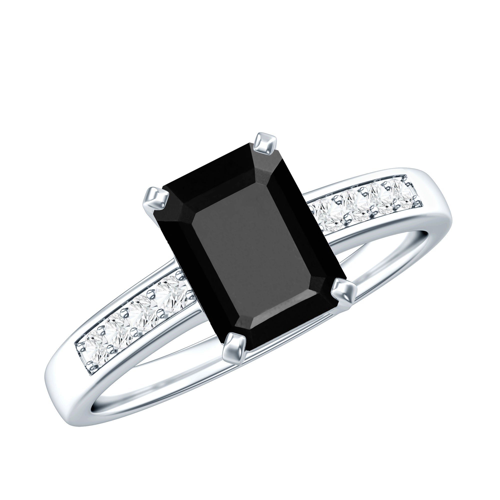 6X8mm Emerald Cut Black Onyx Engagement Ring with Diamond