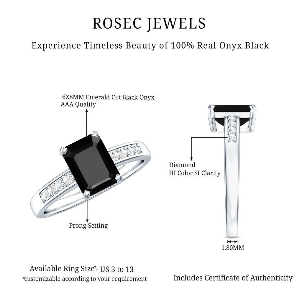 6X8mm Emerald Cut Black Onyx Engagement Ring with Diamond