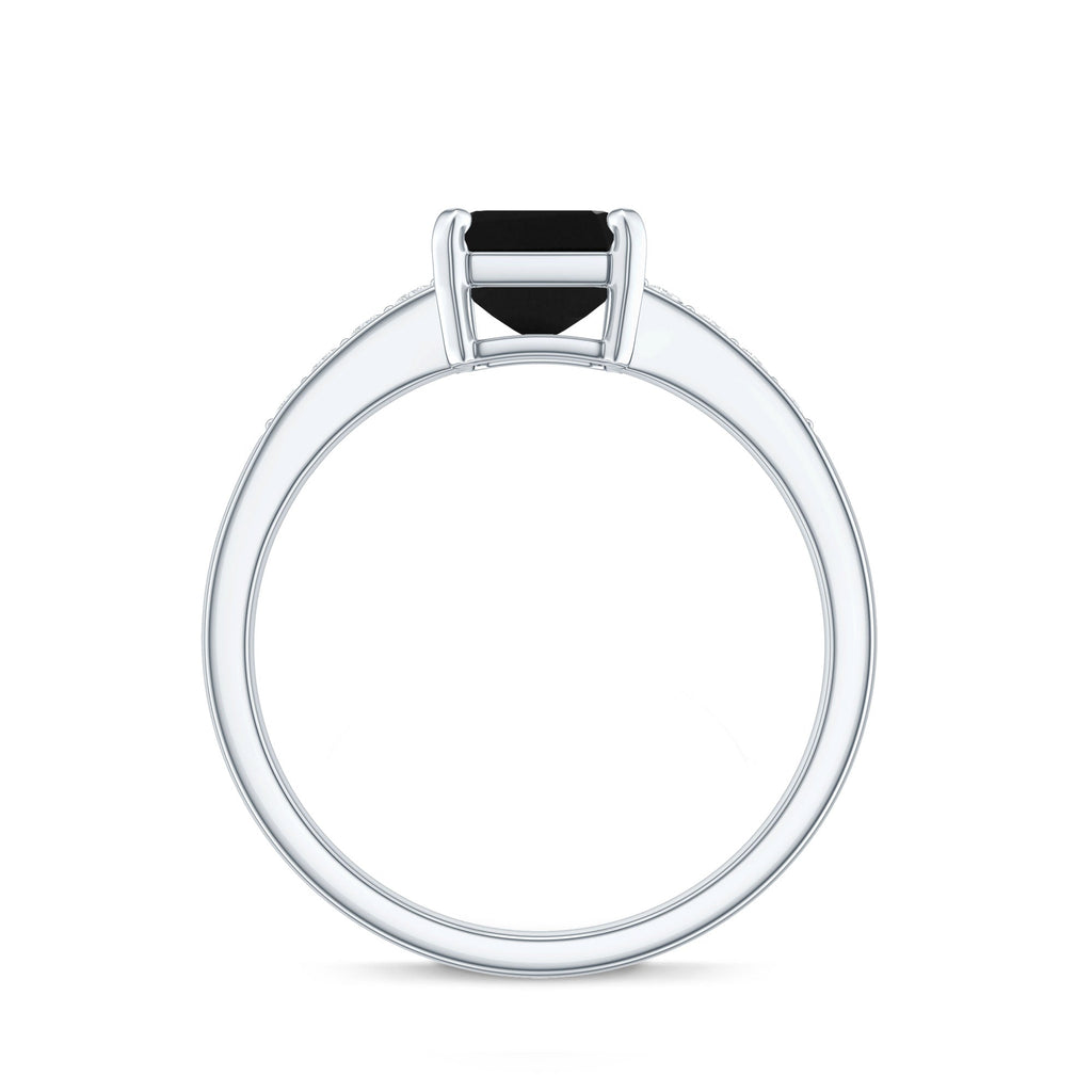 6X8mm Emerald Cut Black Onyx Engagement Ring with Diamond