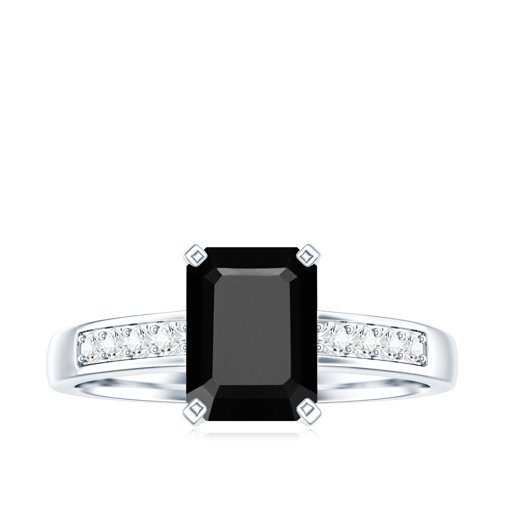 6X8mm Emerald Cut Black Onyx Engagement Ring with Diamond
