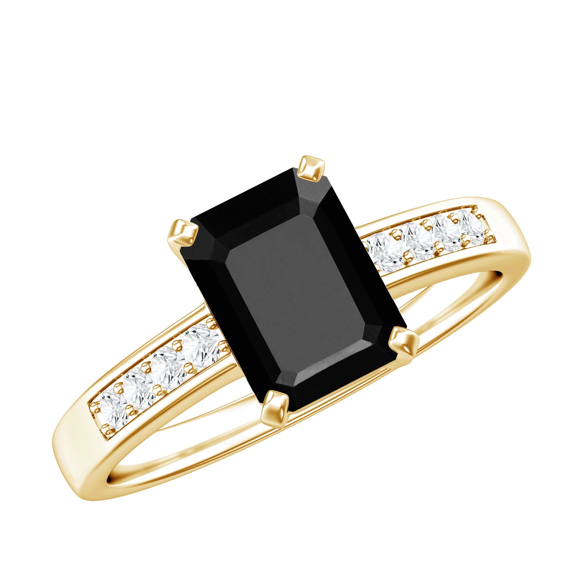 6X8mm Emerald Cut Black Onyx Engagement Ring with Diamond
