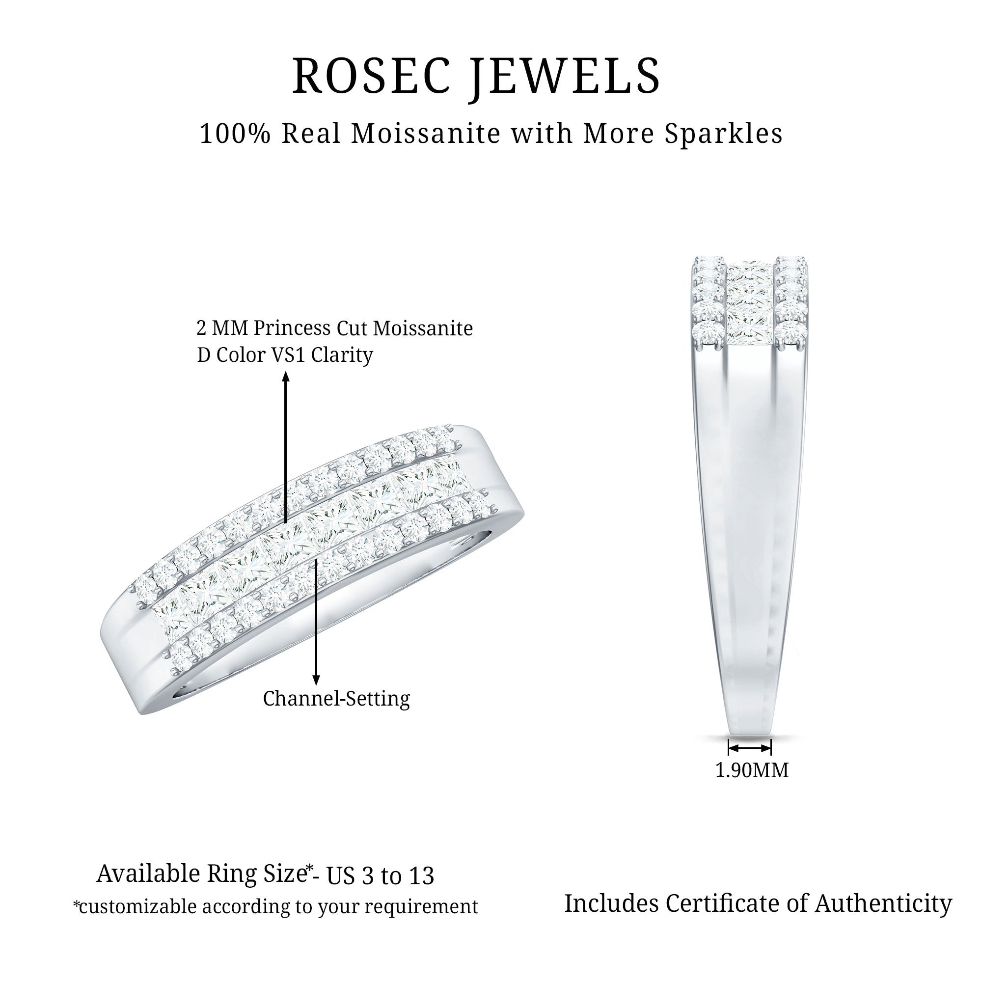 Certified Moissanite 3 Row Wedding Band for Men