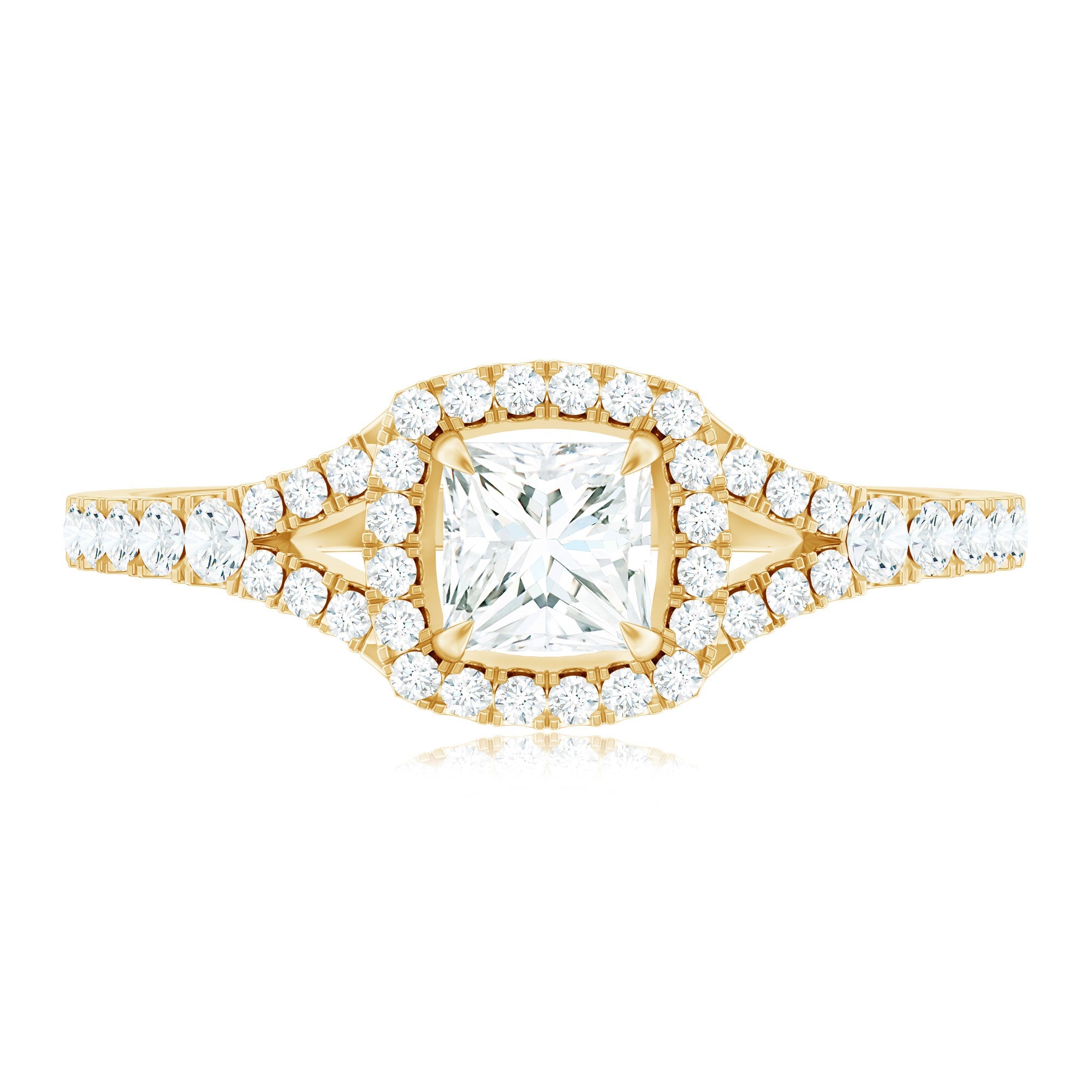 Princess Cut Moissanite Halo Engagement Ring with Split Shank