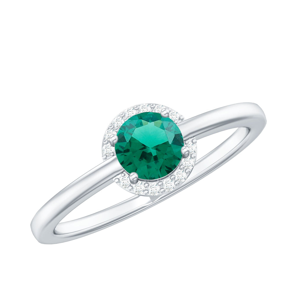 Certified 0.8 Carat Lab Grown Emerald Promise Ring with Diamond Halo