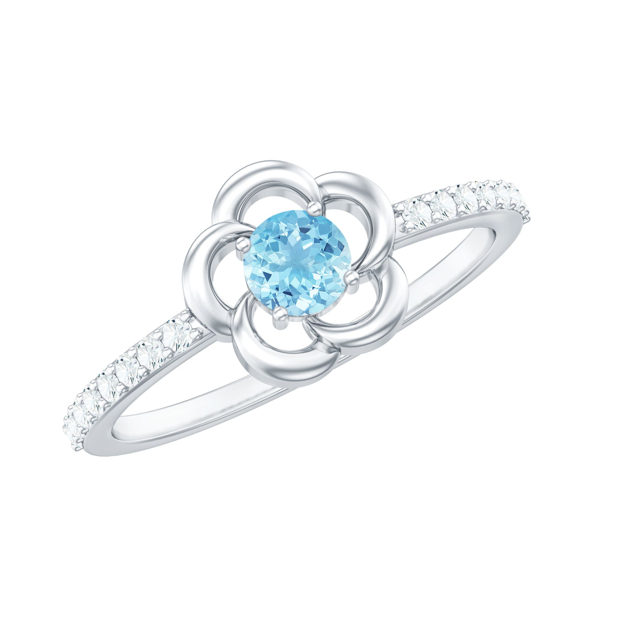 Natural Aquamarine Diamond Flower Promise Ring with Certificate