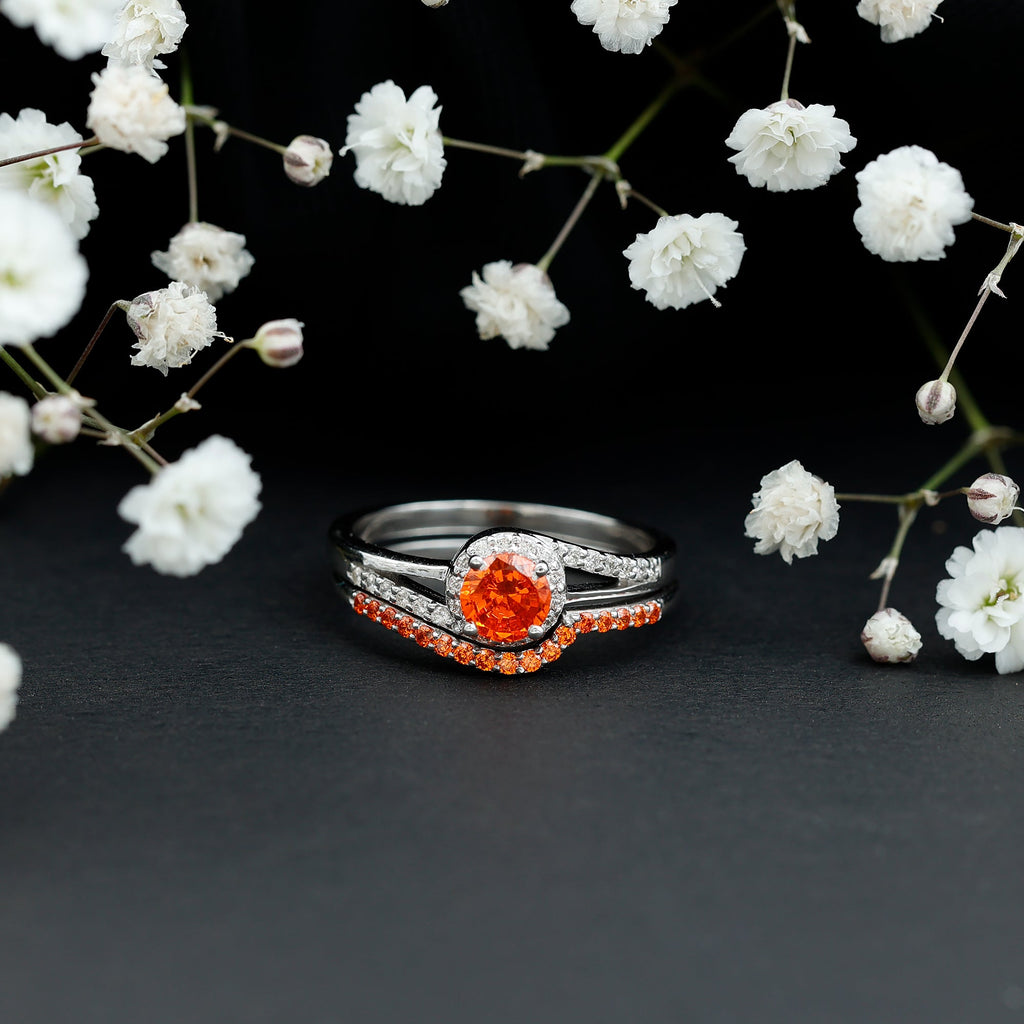 Certified Lab Grown Orange Sapphire Engagement Ring with Diamond Wedding Band